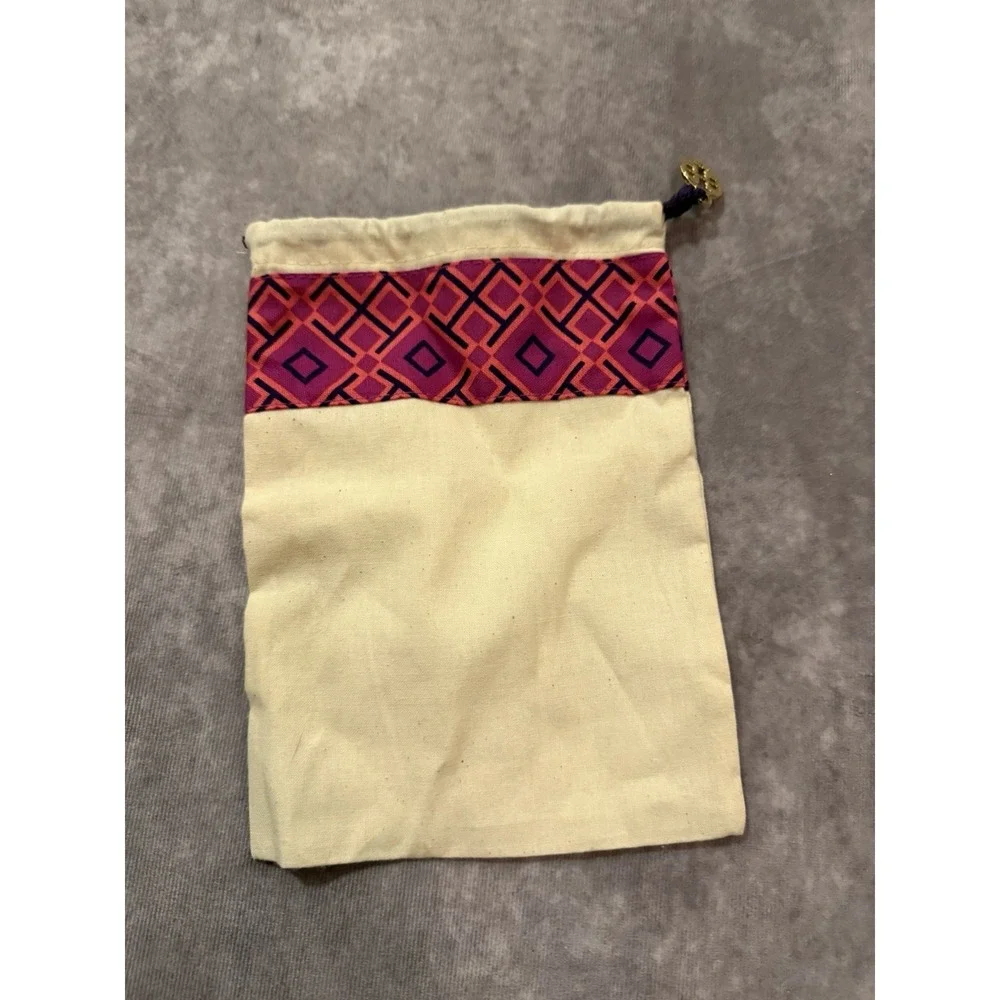 Tory Burch Beige Drawstring Dustbag Pouch Geometric Print Logo Accent, Women